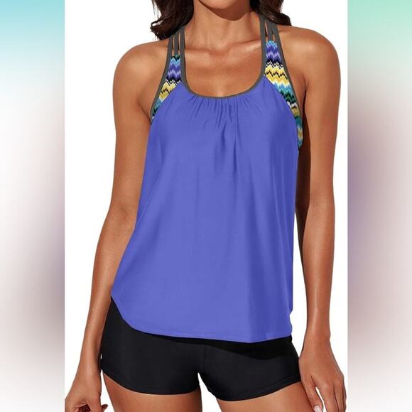Womens Blouson Striped Printed Push up Strappy T-Back Tankini Top with Shorts M - Picture 1 of 5